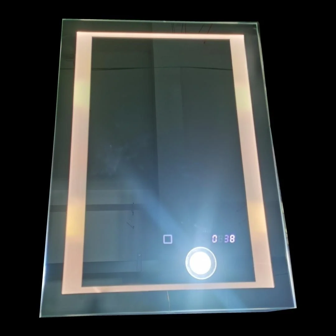 Custom 70 50 CM 5 MM  Laser Carved Logo Lighted Washroom Mirror Touch Defogger Led Bathroom Mirror With Digital Clock Display