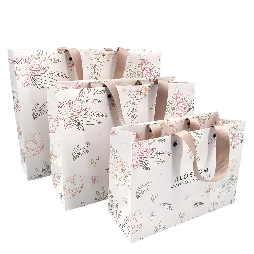 Custom Logo Printed Matt Finish Pink Paper Shopping Bag With Grosgrain Ribbon Handle