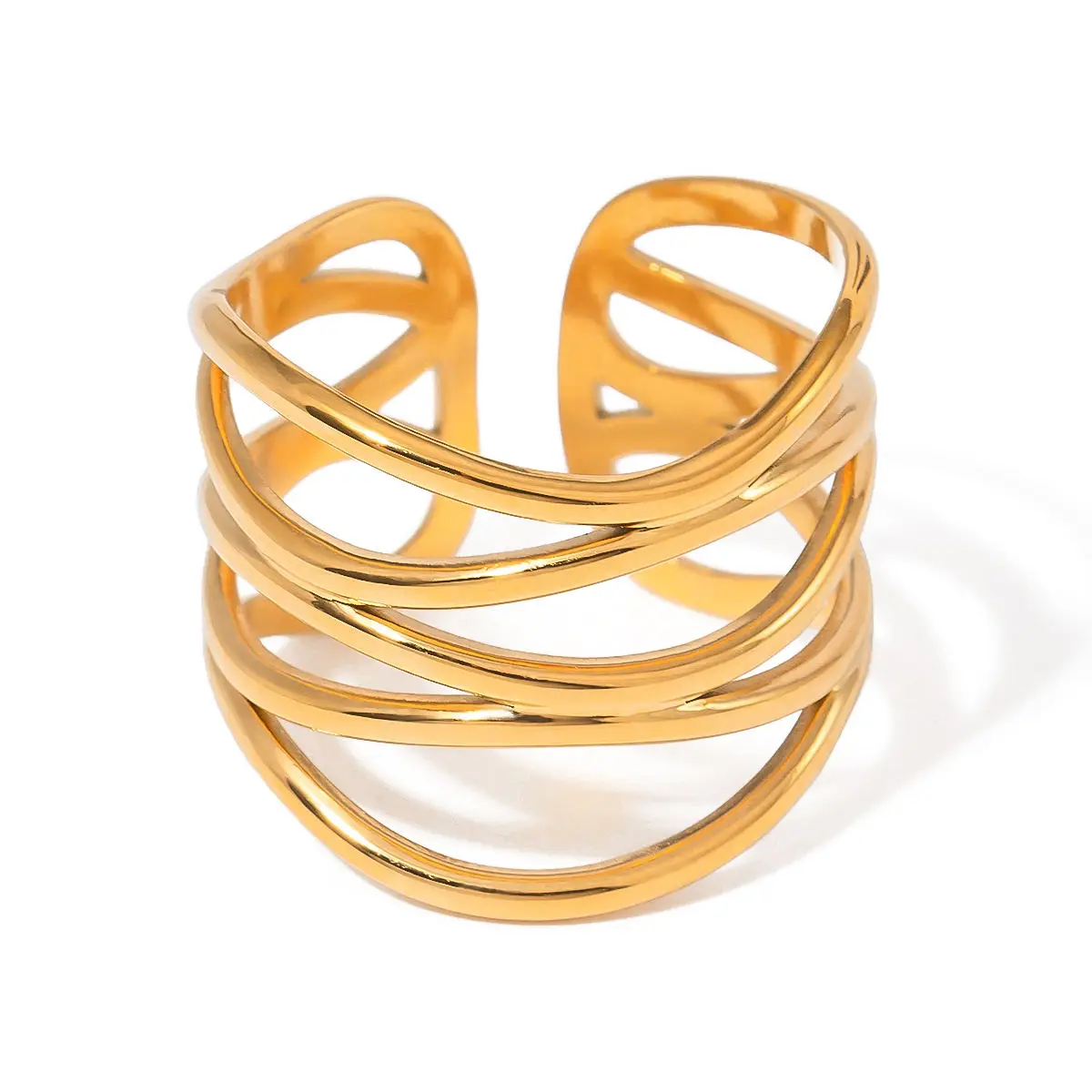 Vintage 18K Gold Stainless Steel Minimalist Rings Multi-Layered Hollow Open Rings
