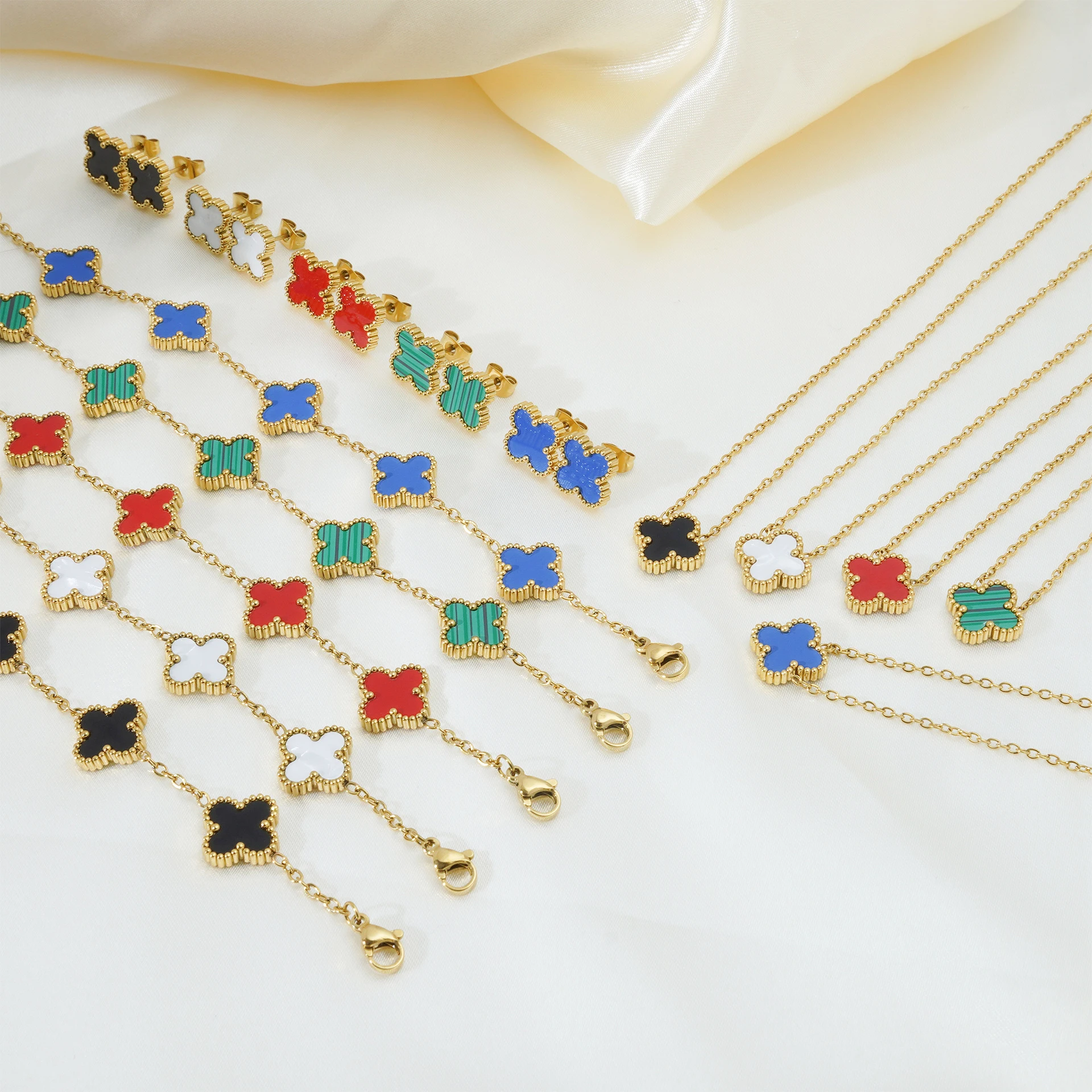 Non Tarnish 18K Gold Plated Stainless Steel 13mm Lucky Four Leaf Clover Earrings Bracelet Necklace Jewelry Set For Women