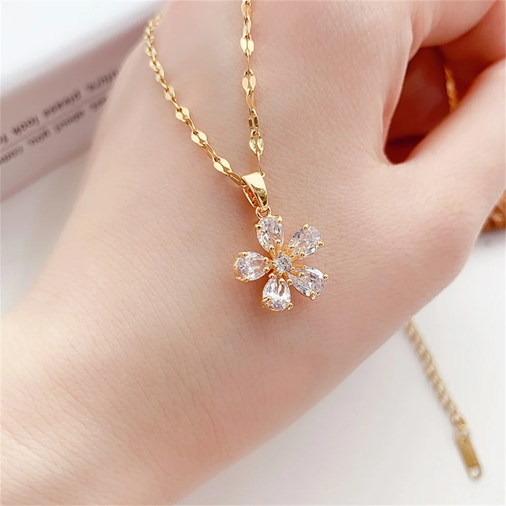 HPXmas 2021 ожерелье для женщин цепочка в форме цветка кулон Модные ювелирные изделия цепь из нержавеющей стали с цирконием ожерелья подарок