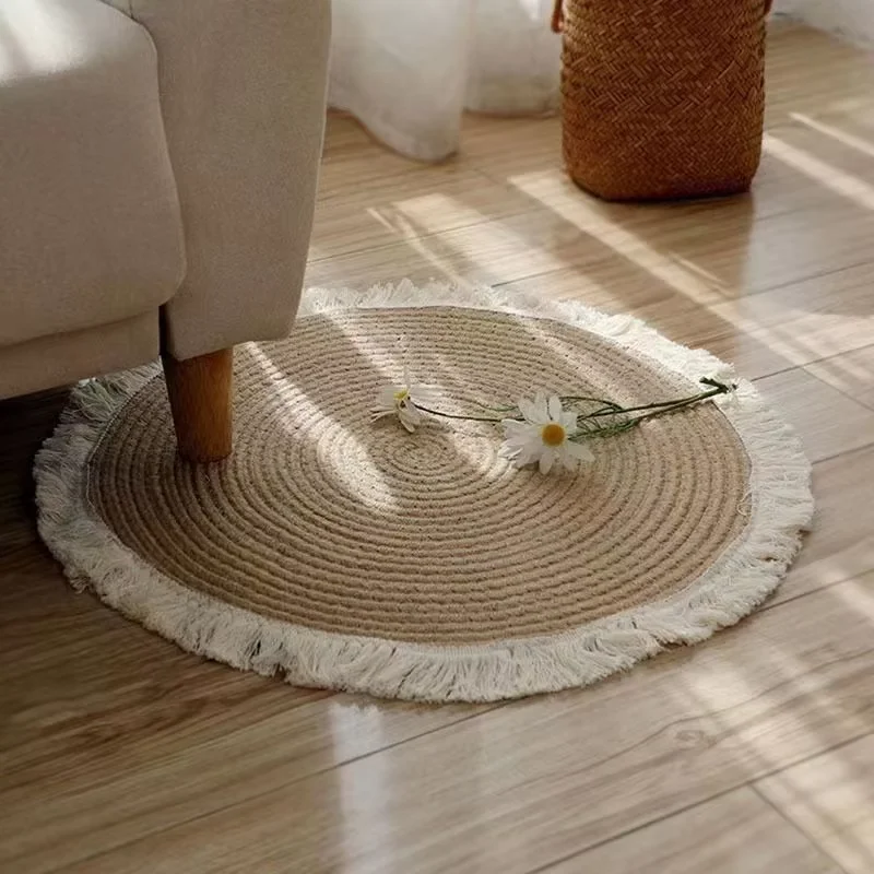 Modern Round Linen Patchwork Carpet for Kids Living Room and Bedroom Tassel Floor Mat