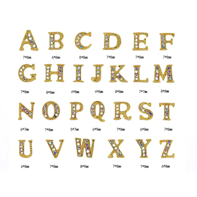 Newest 26pcs 3D Nail Art Gold English Letter Rhinestones Alloy Nail Charms Acrylic Tips Decoration