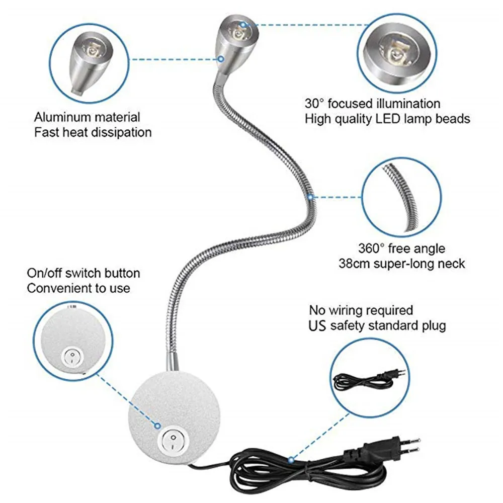 Movable golden black white bedhead hotel wall reading light with goose neck