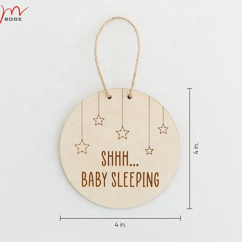 Wooden round door handle tag Wooden sign engraved with baby sleeping