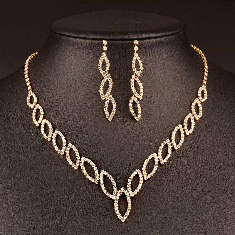 Wholesale African Bridal Gold Plated Crystal Rhinestone Necklace Earring Jewelry Sets For Women