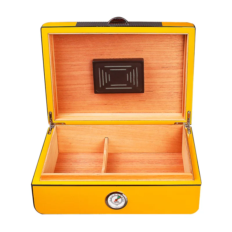 
Yellow Mini Spanish High Gloss Carbon Fiber Cigar Humidor Cedar Wood Cigar Box 