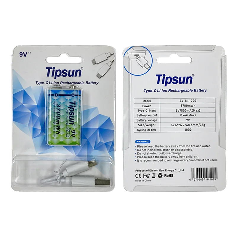 Tipsun type-c 3700mwh перезаряжаемая литий-ионная аккумуляторная батарея для микрофона 9 В низкая цена