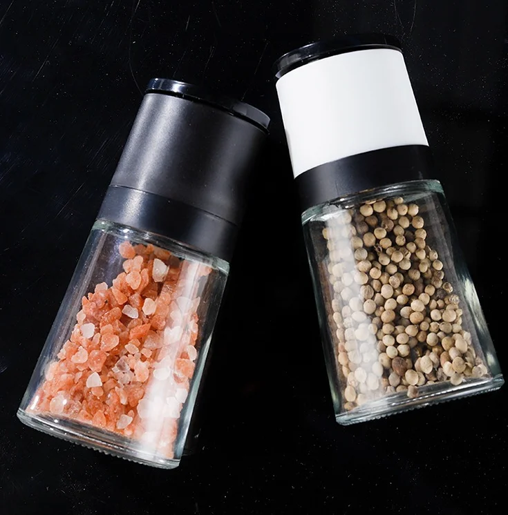 130ml Black White round pepper grinder glass spice jar with ceramic core grinder for kitchen seasoning