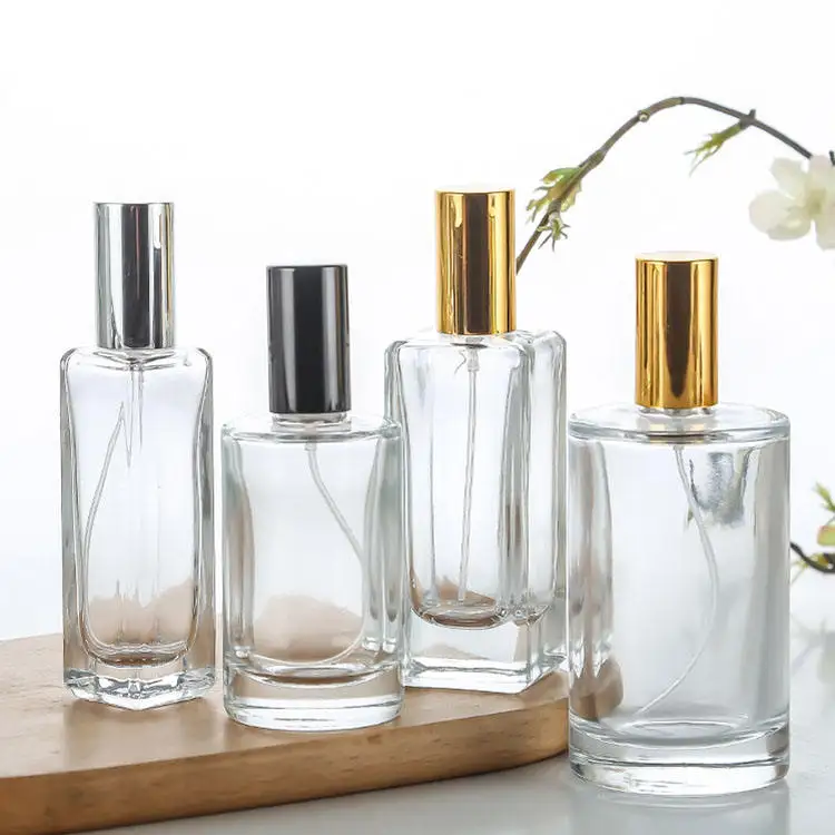 Flat Square Round Screw Luxury 30 ml 50 ml 100 ml Perfume Glass Bottle with Aluminum Magnetic Cap plastic water bottle