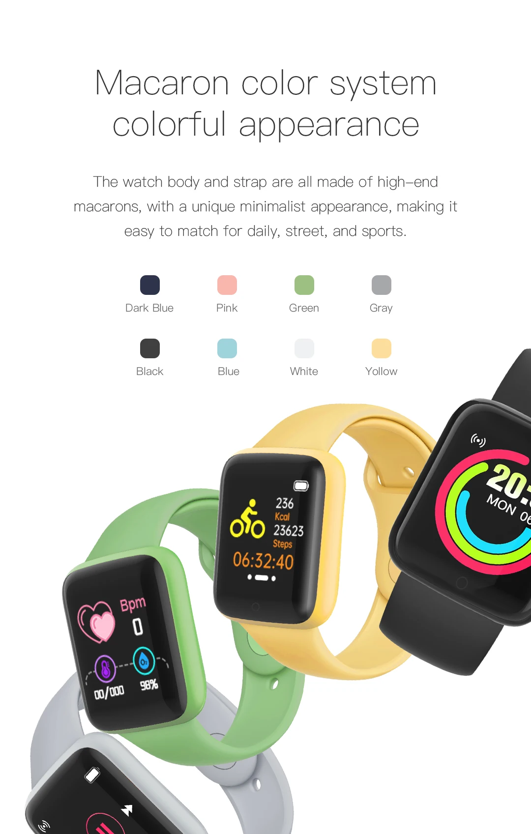 New upgrade D20 Smartwatch fitness tracker ios android phone smart wristband watch Y68 macaron color watch