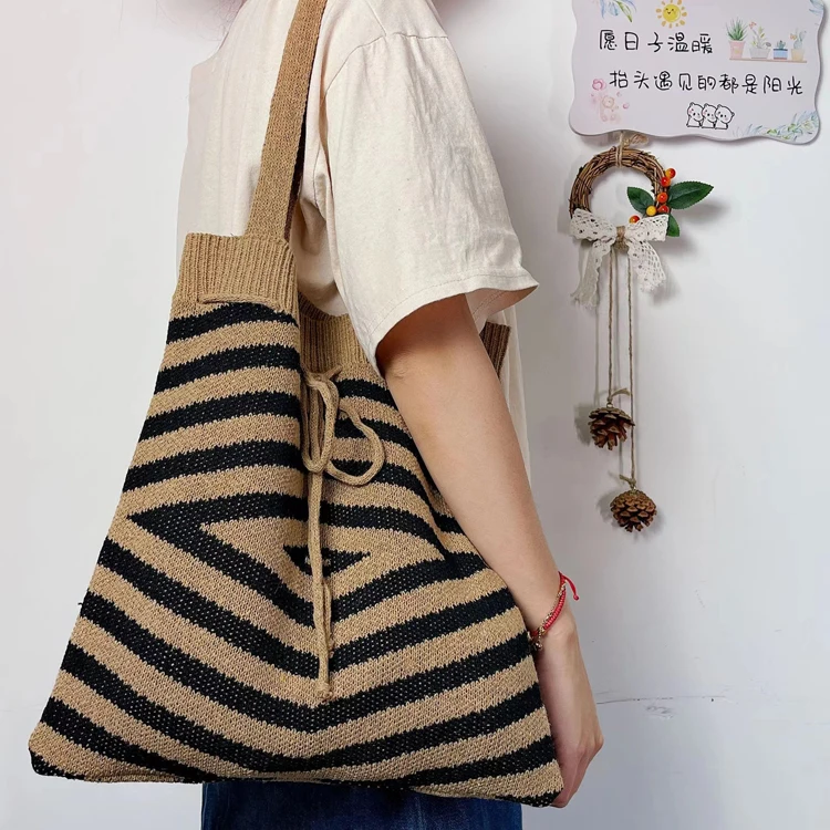 Winter&Autumn Crochet Shoulder Bag Large Capacity Shopping Handbag Drawstring Wool Knitted Tote Bag