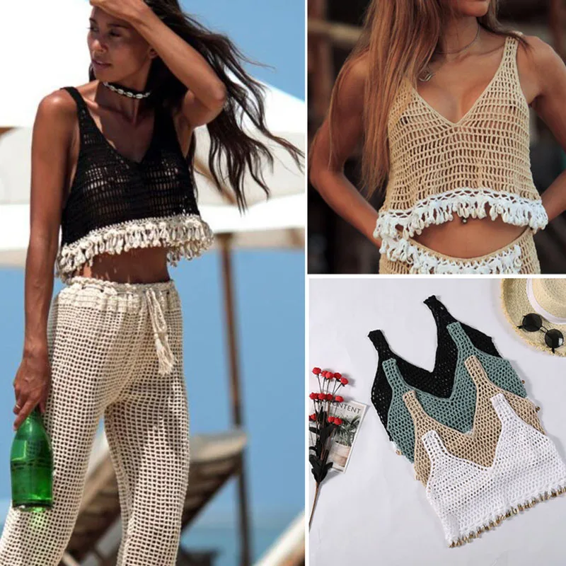 Custom Summer New Arrival Sexy Fringed Crochet Knit Crop Tank Top