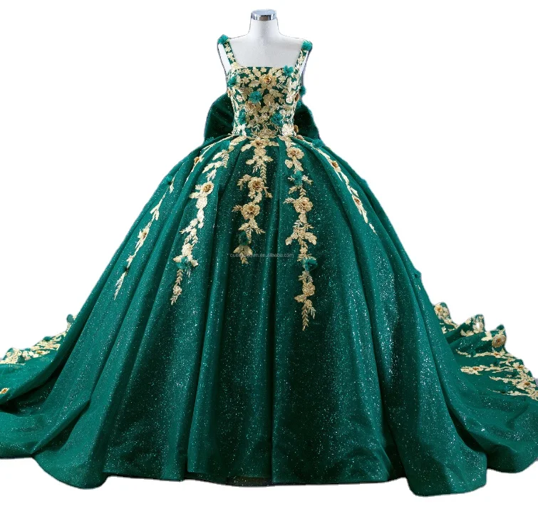 QUEENSGOWN  Green ethnic golden shimmer 3d flower glitter bridal wedding dresses muslim party dress