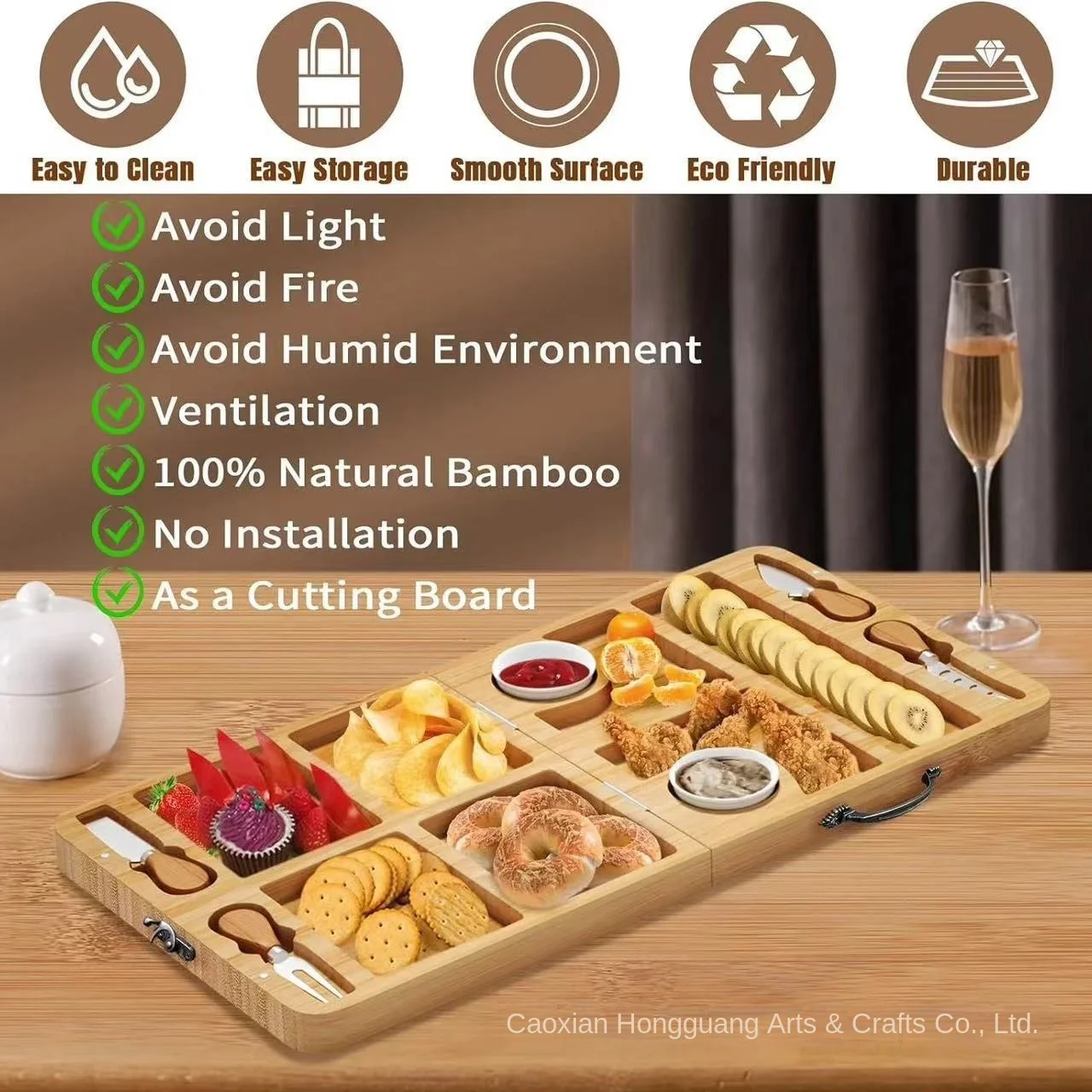 Portable Solid Wood Eco-friendly Board Set for Chopping Fruit Bread Cheese Nuts Folding Design for Snacks and Deli Use