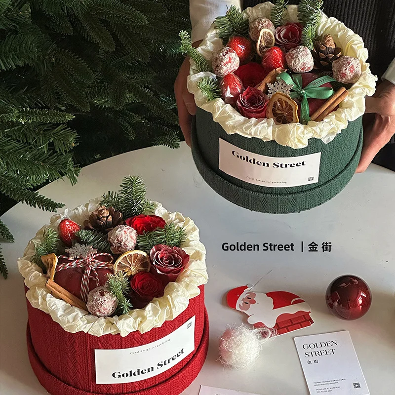 Factory Custom Christmas & New Year Red Round Gift Box with Handle | Flower Packaging & Floral Arrangement Gift Box