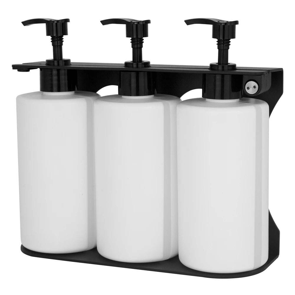 Wall Mounted Lockable Triple Liquid Soap Dispenser with Black Stainless Steel Bracket