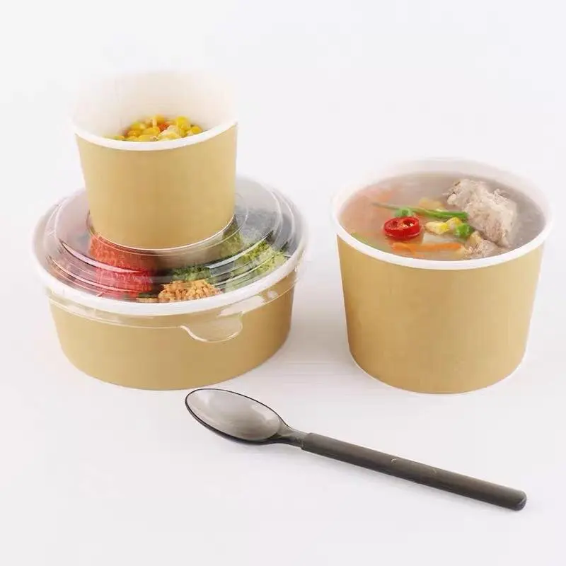 custom kraft paper soup cup bowl with lid disposable take away dessert rice salad noodle packing box container on sale