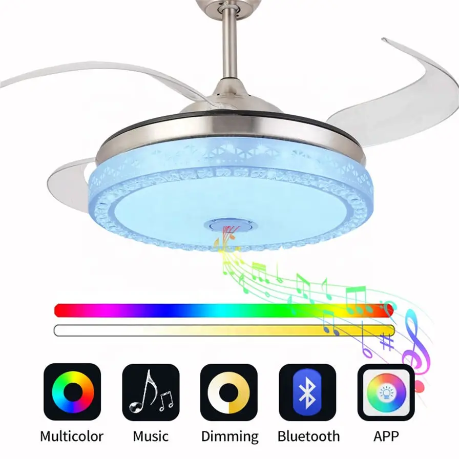 Invisible Ceiling Fan Light with Speaker 7 Colors LED Dining Room Ceiling Home Pendant Light with Remote Control 36W