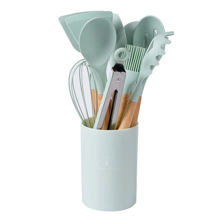 12pcs Wooden Handle Kitchen Cooking Set Non-stick Silicone Kitchen Utensil Set With Holder Box