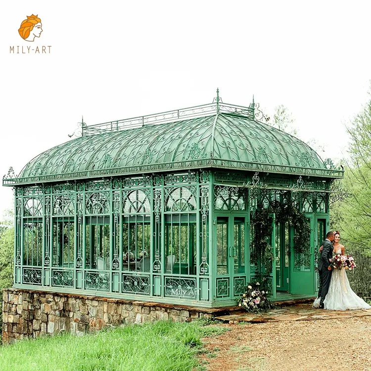 Hot Sale Luxury Design Outdoor Wrought Iron Gazebo Metal Greenhouse with Glass