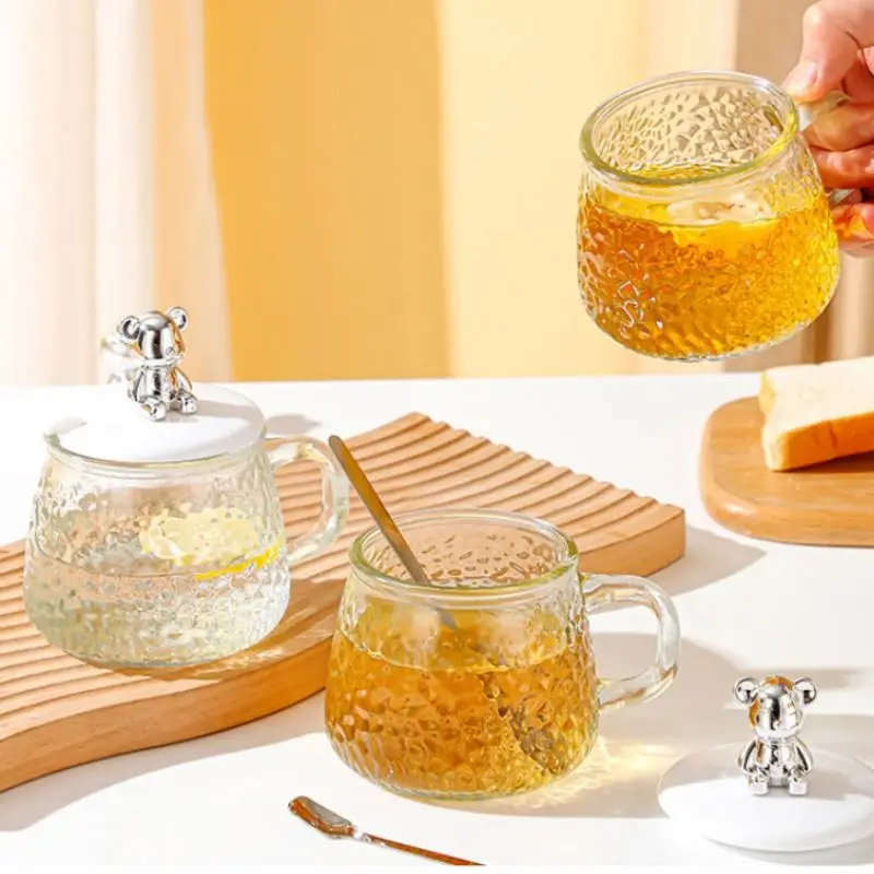 High Appearance Level Bear Glass Mug Ins Coffee Cup Office Water Mug With Hand Greeting Handle Black Tea Mug