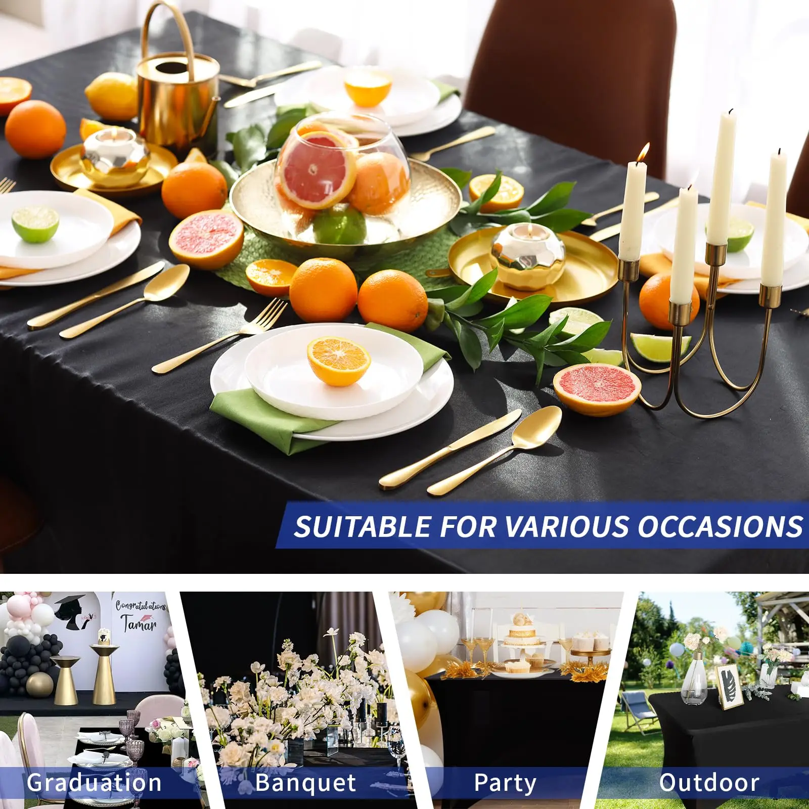 Rectangular Tablecloths Stretch Spandex Fitted Table Covers 6 ft for Parties, Trade Shows, Banquet, Weddings Black Table Cloth