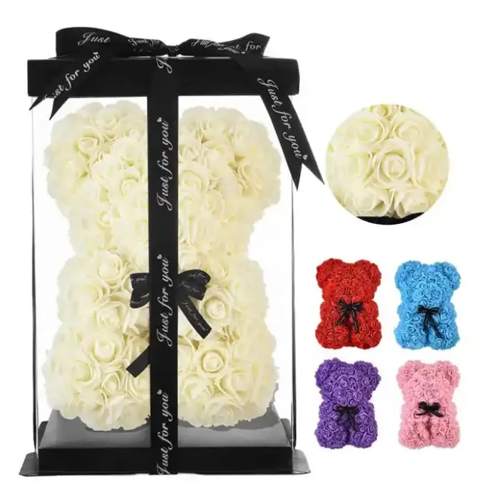10 inch Rose Teddy Bear with Transparent Gift Box Artificial Plastic Everlasting Rose Flower Bear Gift for Holiday
