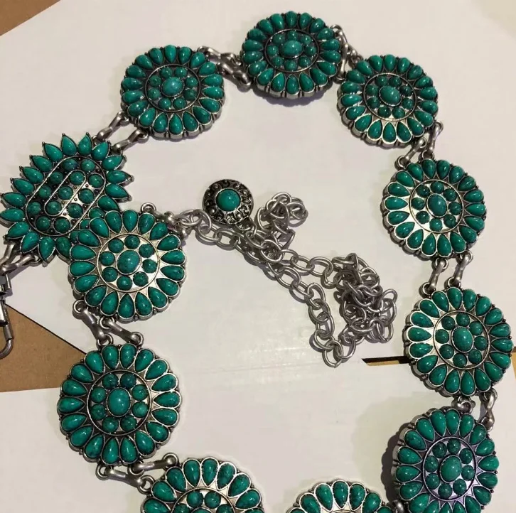 Wholesale   Women fashion belts oldnickle metal chain turquoise Blue Flower