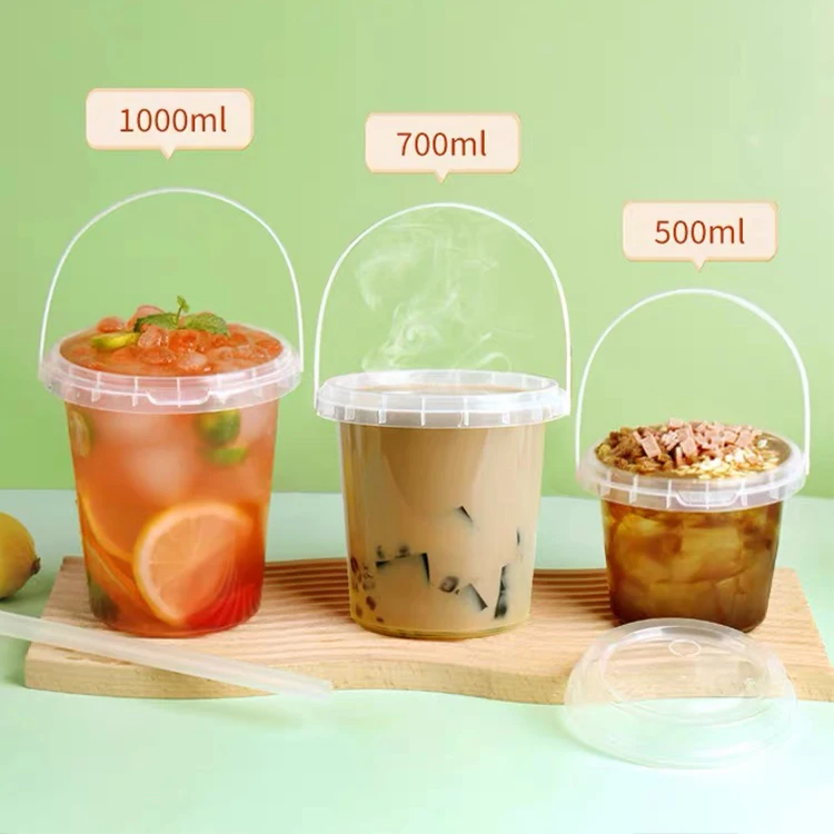 Custom Plastic Bucket Food Grade With Lid 500ml 700ml 1000ml Fruit Yogurt Milk Tea Packing Bucket With Lid