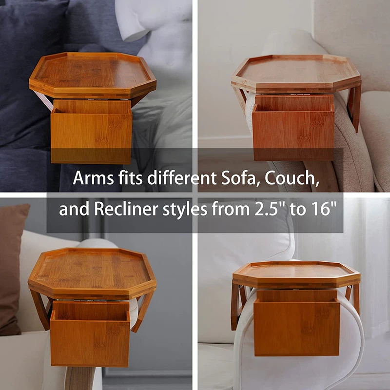 Large Clip-On Wooden Bamboo Couch Sofa Arm Table Armchair Armrest Tray With Remote Control Organizer for Food Drink Snack Coffee