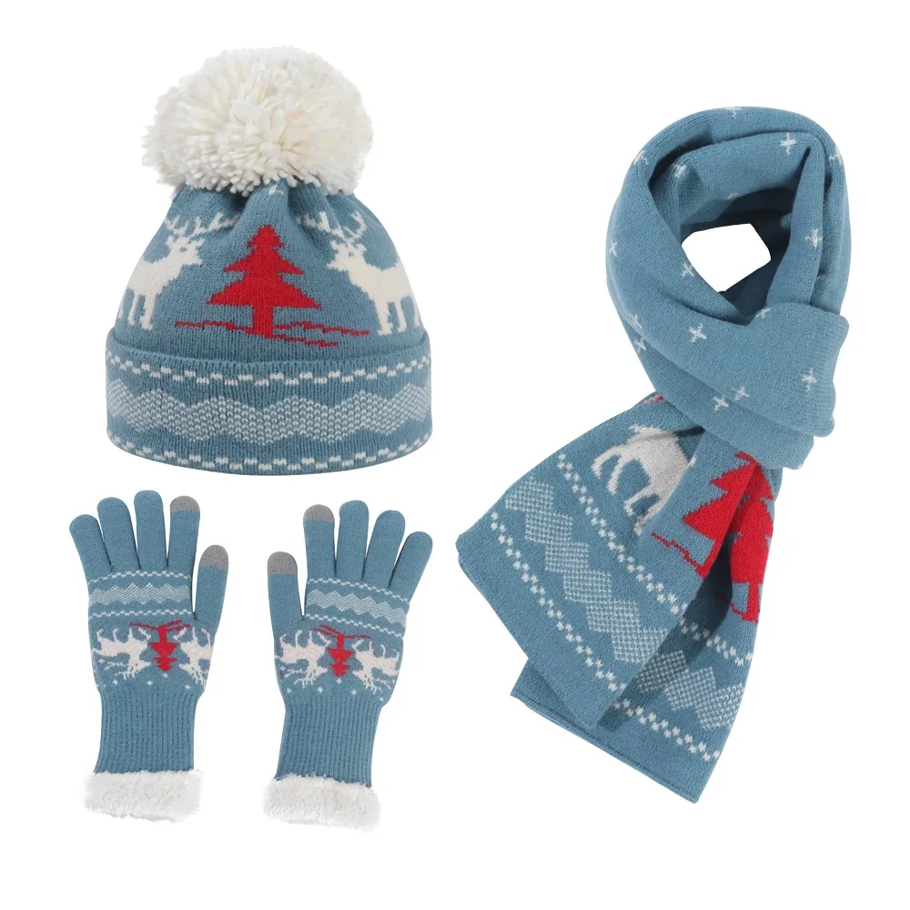 Winter Christmas design knitted funny hat scarf and gloves set keep warm for kids