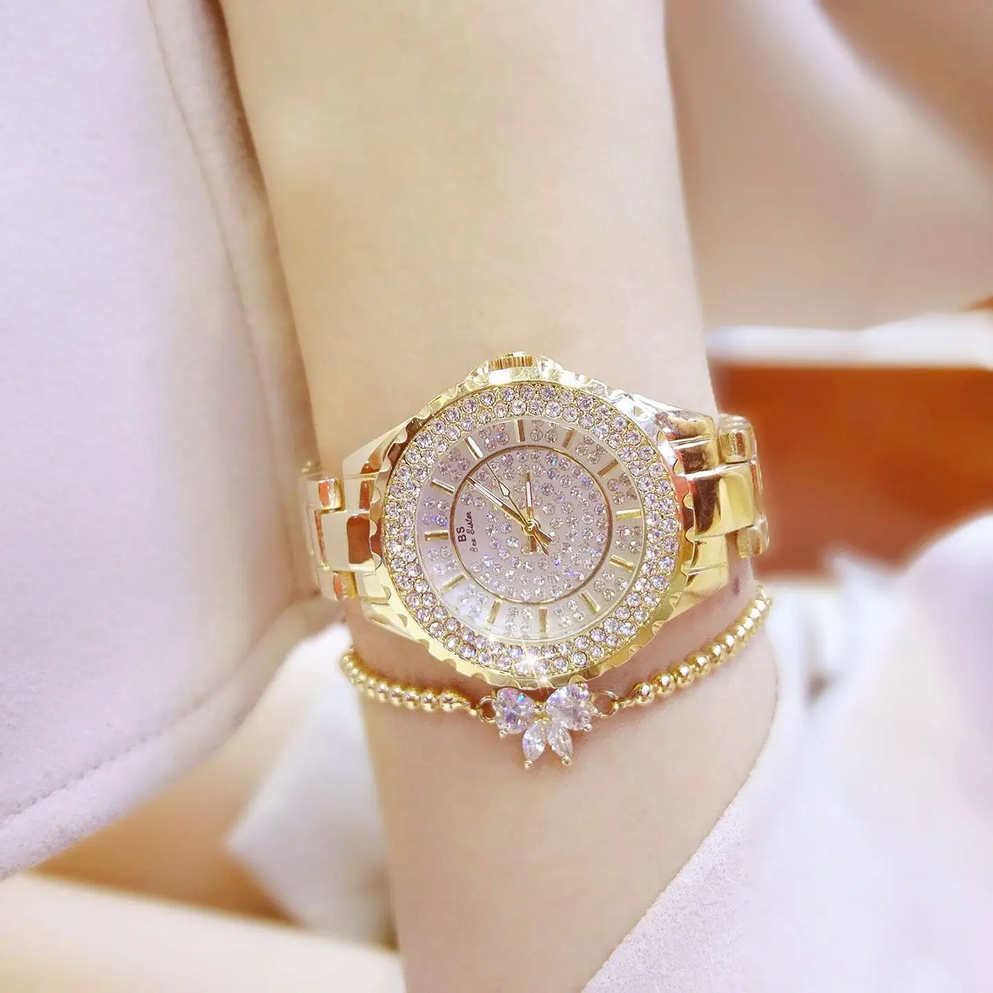 Hip Hop Iced Out pink Diamond Bling Jewelry Stainless Steel Clock Dress lady Watch women