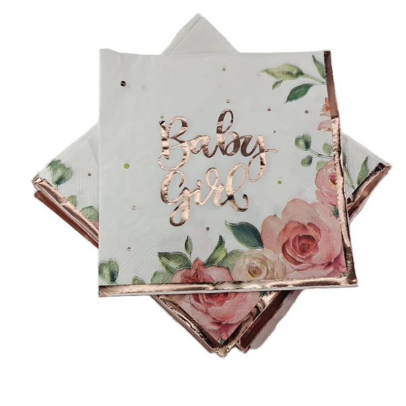 Hot Sale Custom Floral Baby Girl Rose Gold Decoupage Paper Napkin Virgin Wood Pulp Printed Disposable Napkin Wedding Bag Style