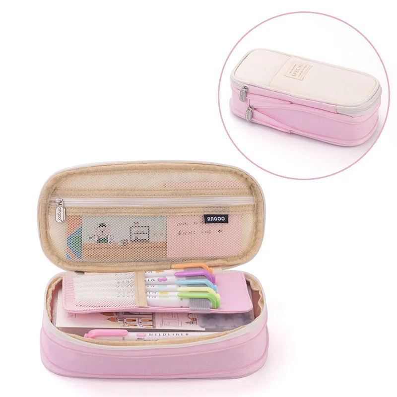 Hotsale Large-Capacity Primary School Students Solid Color Pencil Case 2 Zipper Stationery Box Pen with Box for Girls Boys