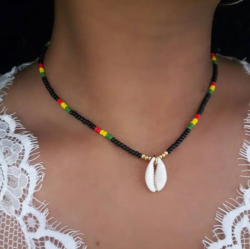 Fashion Bohemian Rainbow Beaded Necklaces Rasta Beaded Necklace Rasta Jewelry Cowrie Shell Choker Cowrie Jewelry Rasta Necklace