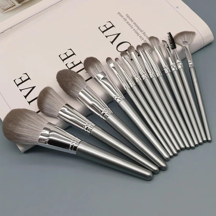 wholesale private logo silver premium synthetic fiber 14 makeup brush set