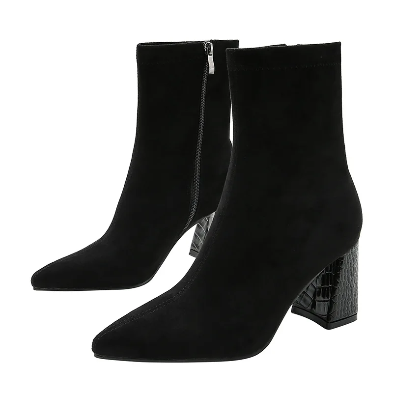 Elastic stocking boots women 2022 new autumn pointed knit short boots thick heel high heels thin black mid-tube boots women