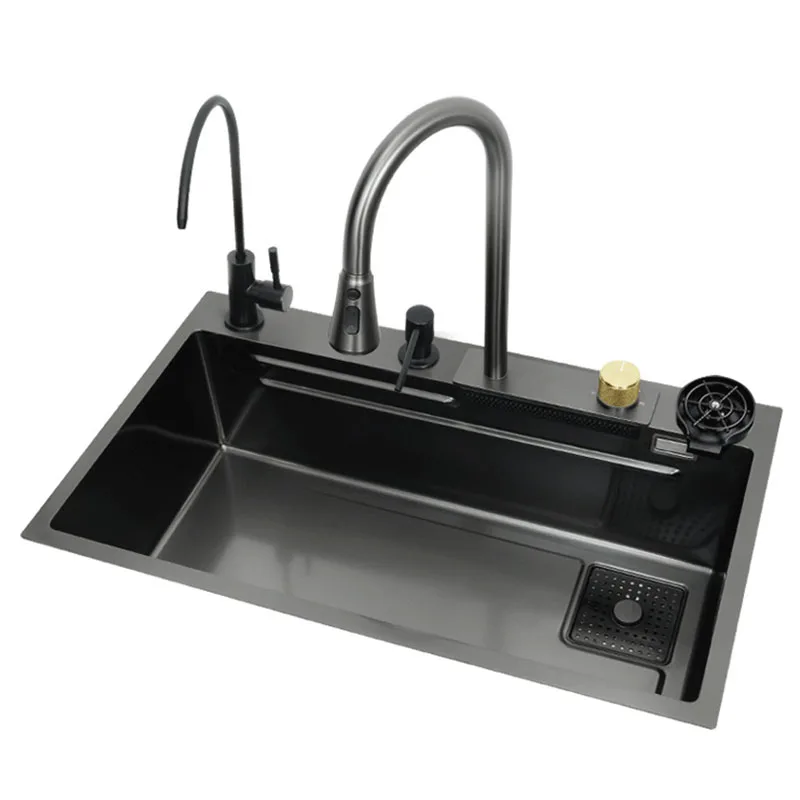 Kitchen Sink Black Nano Single Modern Stainless Steel Waterfall Kitchen Sinks Smart 304 Stainless Steel Kitchen Sink