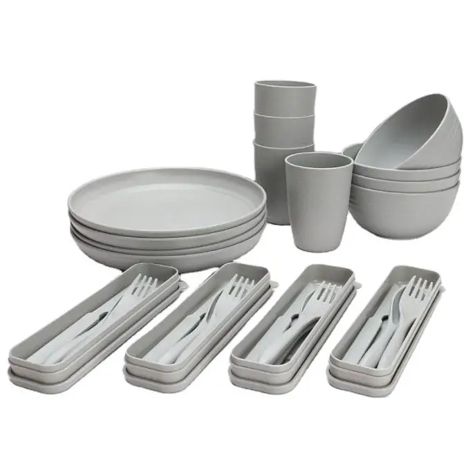 Eco Friendly Wheat Straw Travel Camping Plates And Bowl Cutlery Set Reusable Wheat Straw Tableware Dinnerware Set