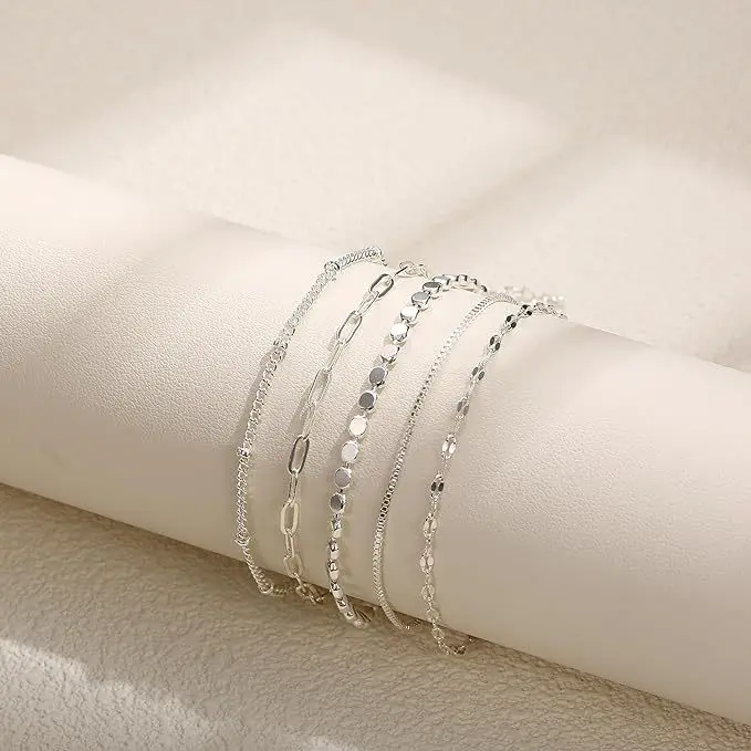Hot Selling Layered Paperclip Beaded Figaro Cuban Link Chain Bracelets Dainty 5 Pcs Multilayer Gold Bracelet Set for Women