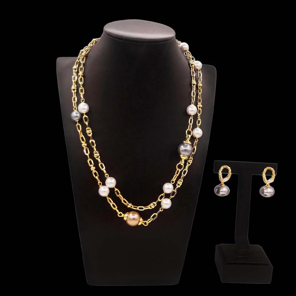 Dubai Pearl Gold Plated Jewelry Set Ring Fashion Long Chain Pearl Necklace Earrings Rings Set Dubai Gold Jewelry Sets for Women
