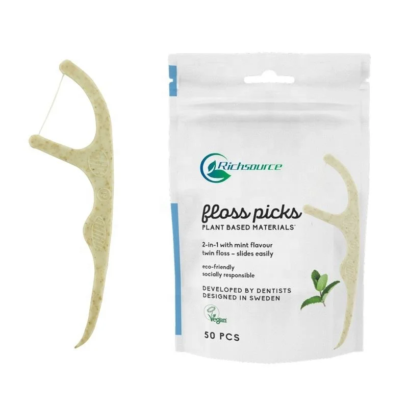 Natural Zero Waste Disposable Corn Starch/Straw Custom Logo Eco friendly Dental Floss Pick Dental Flosser
