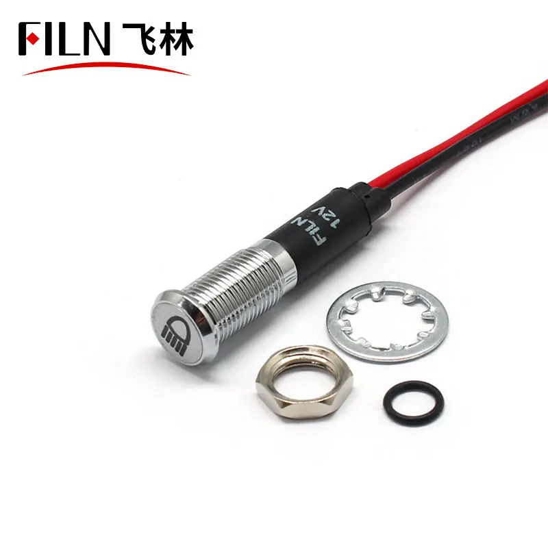 FILN 8mm Warning Dash board red yellow white blue green 12v led flat head indicator light with 20cm cable with symbol