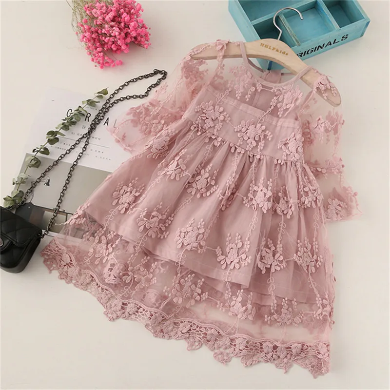6106 Summer Toddler Kids Baby Girls Lace Flower Long Sleeve Dress Princess Wedding Party Embroidered Dress