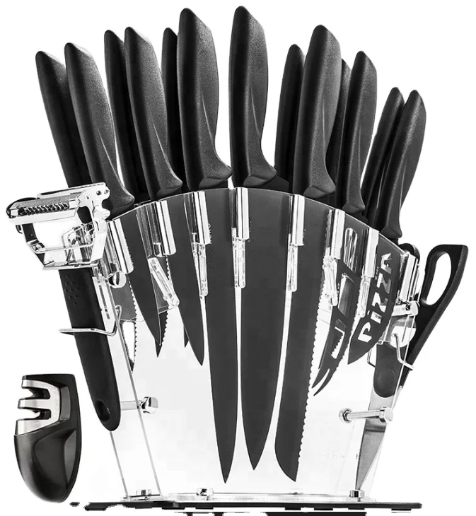 Hot Sell Product 17 Piece Stainless Steel Kitchen Chef Knife Black Set with Block and Sharpener