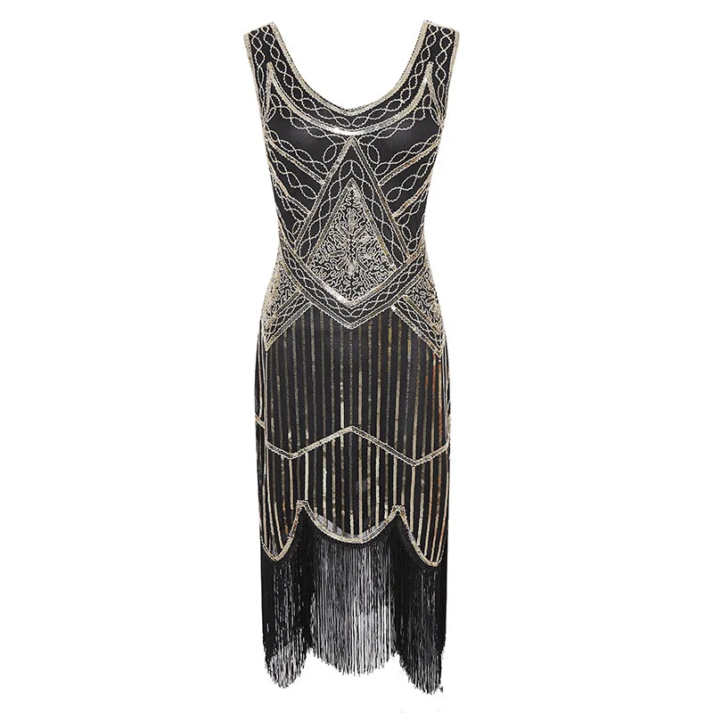 Plus Size 1920s Vintage Fringed Gatsby Sequin Beaded Tassels Hem Flapper Dress for Women