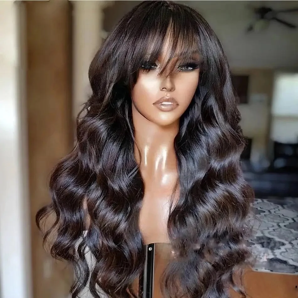 Raw Human Hair Wig 100% Brazilian Hair None Lace Wig with fringe Machine Made Human Hair Wigs With bangs For Black Women