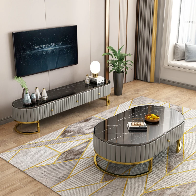 modern coffee table luxury marble top  table stainless steel frame cabinets oval shape living room furniture tv stand