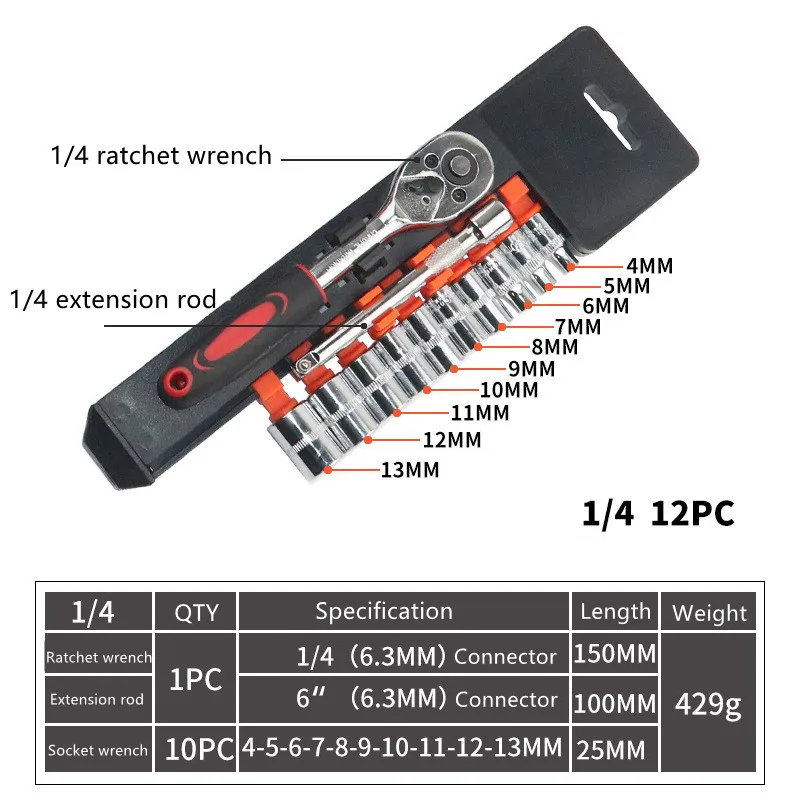12pcs auto repair tool kit 1/4 3/8/ 1/2 fast ratchet wrench socket set